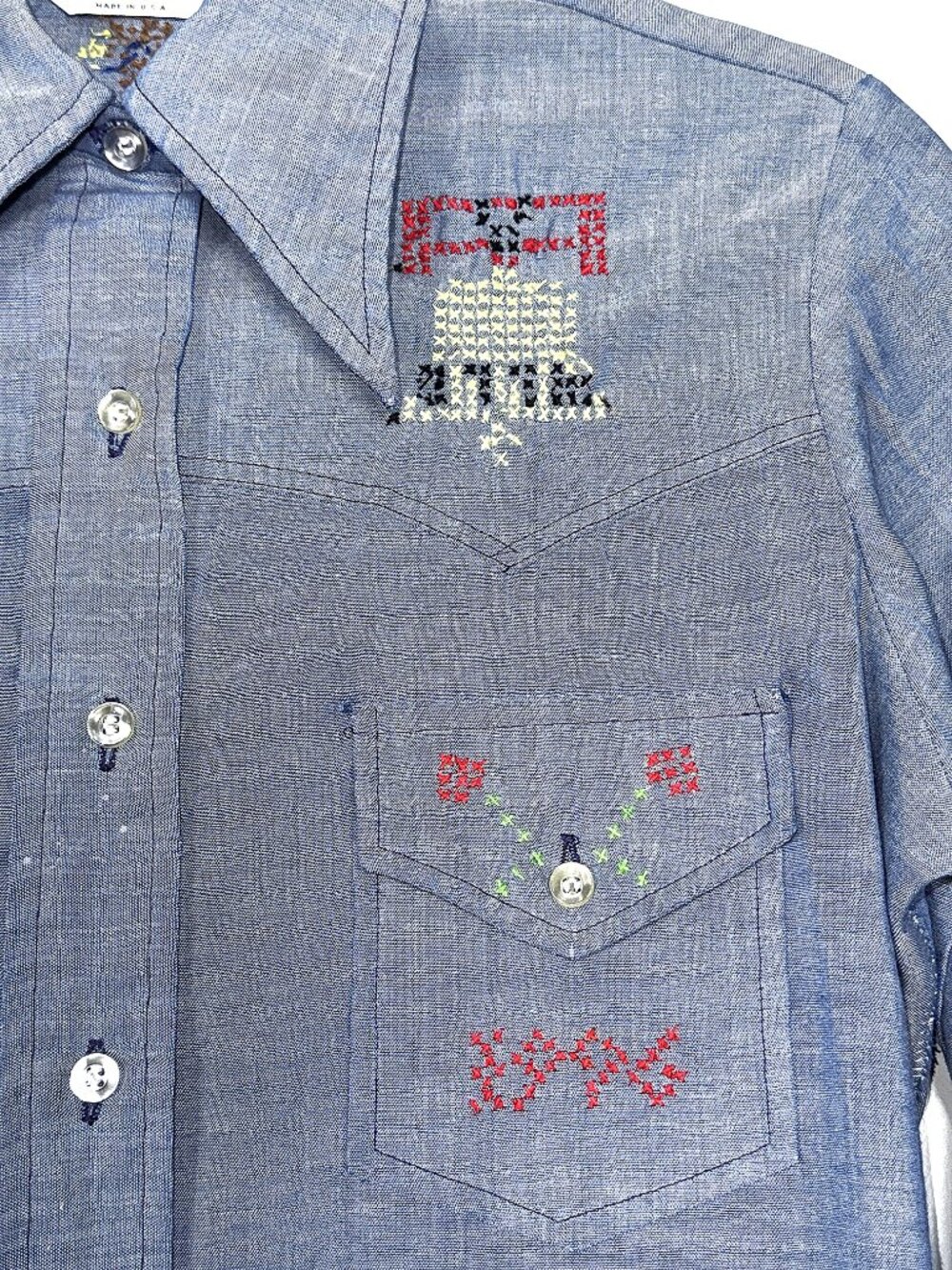 VTG Wrangler Chambray Embroidered Bicentennial Eagle 1776-1996 Button Shirt 36 - Picture 8 of 15